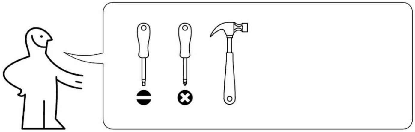Illustration showing a person pointing to three different types of screwdriver tools: a hammer, a screwdriver with a circle, and a cross.