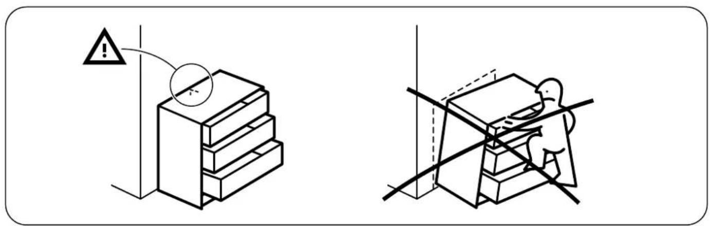 Technical diagram showing two mechanical assembly steps with warning symbols and a person using a tool to adjust or install a component.