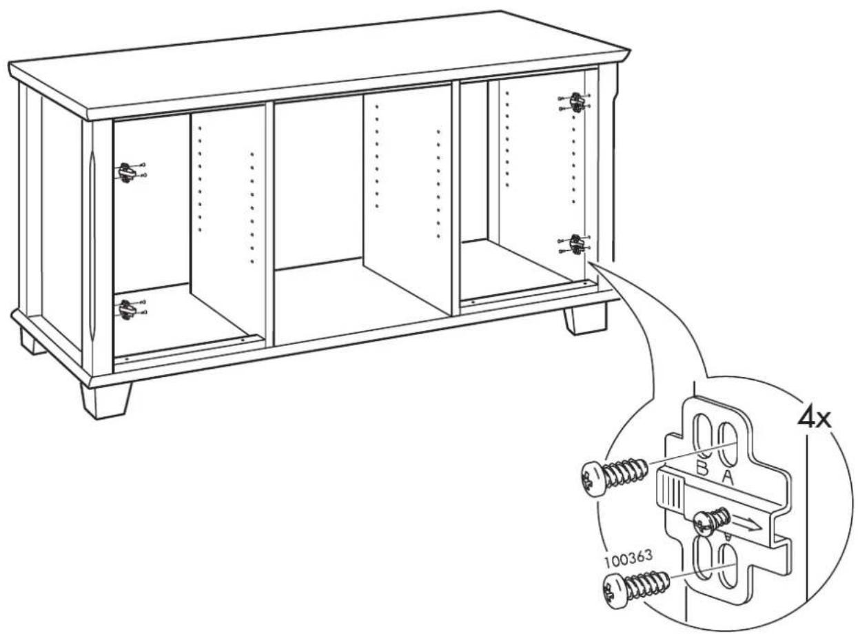 Technical line drawing of a cabinet with internal components and a magnified inset showing 4x installation details labeled A, B, and 100363.
