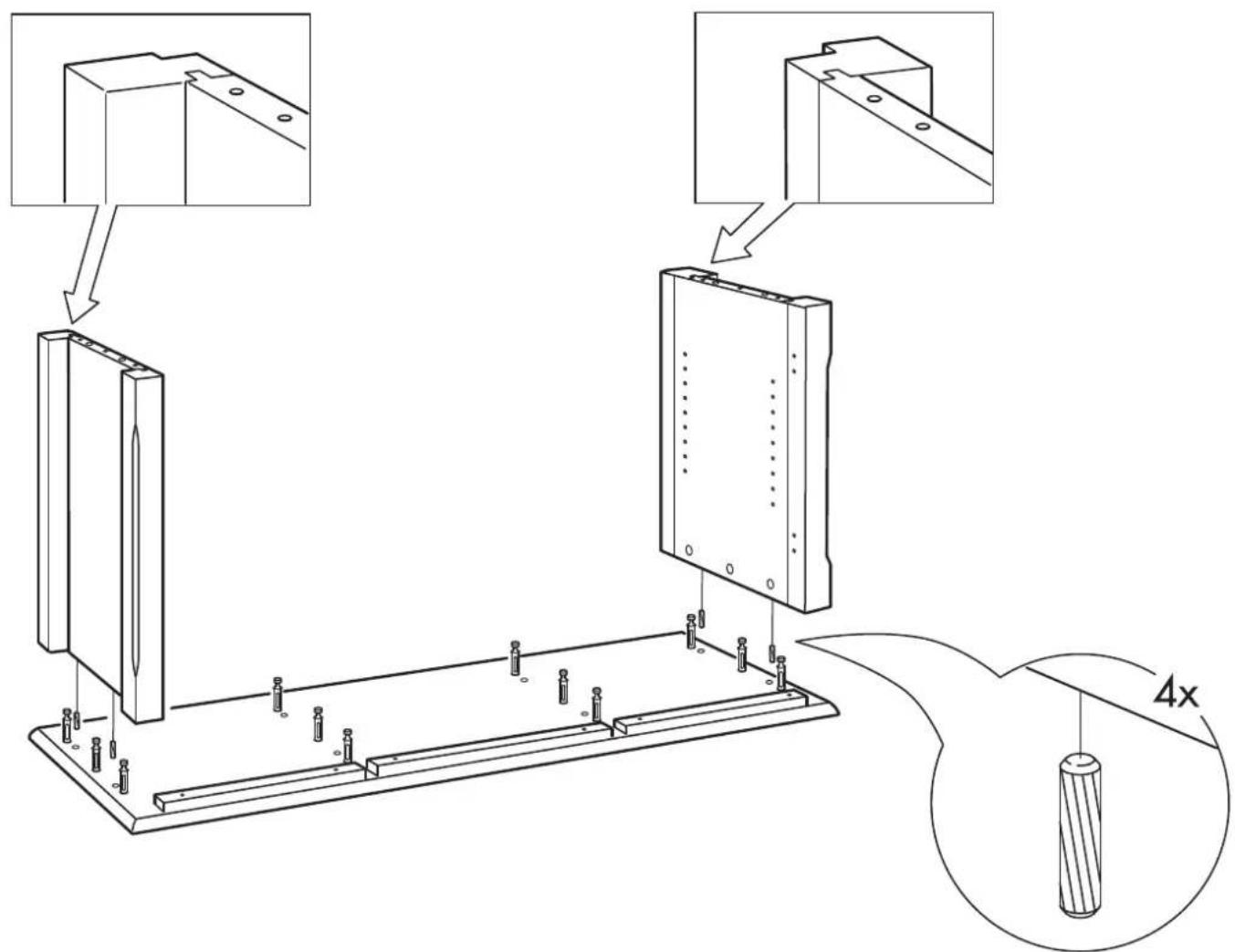 Technical diagram showing assembly steps of a mechanical device with labeled components and a 4x scaling indicator.