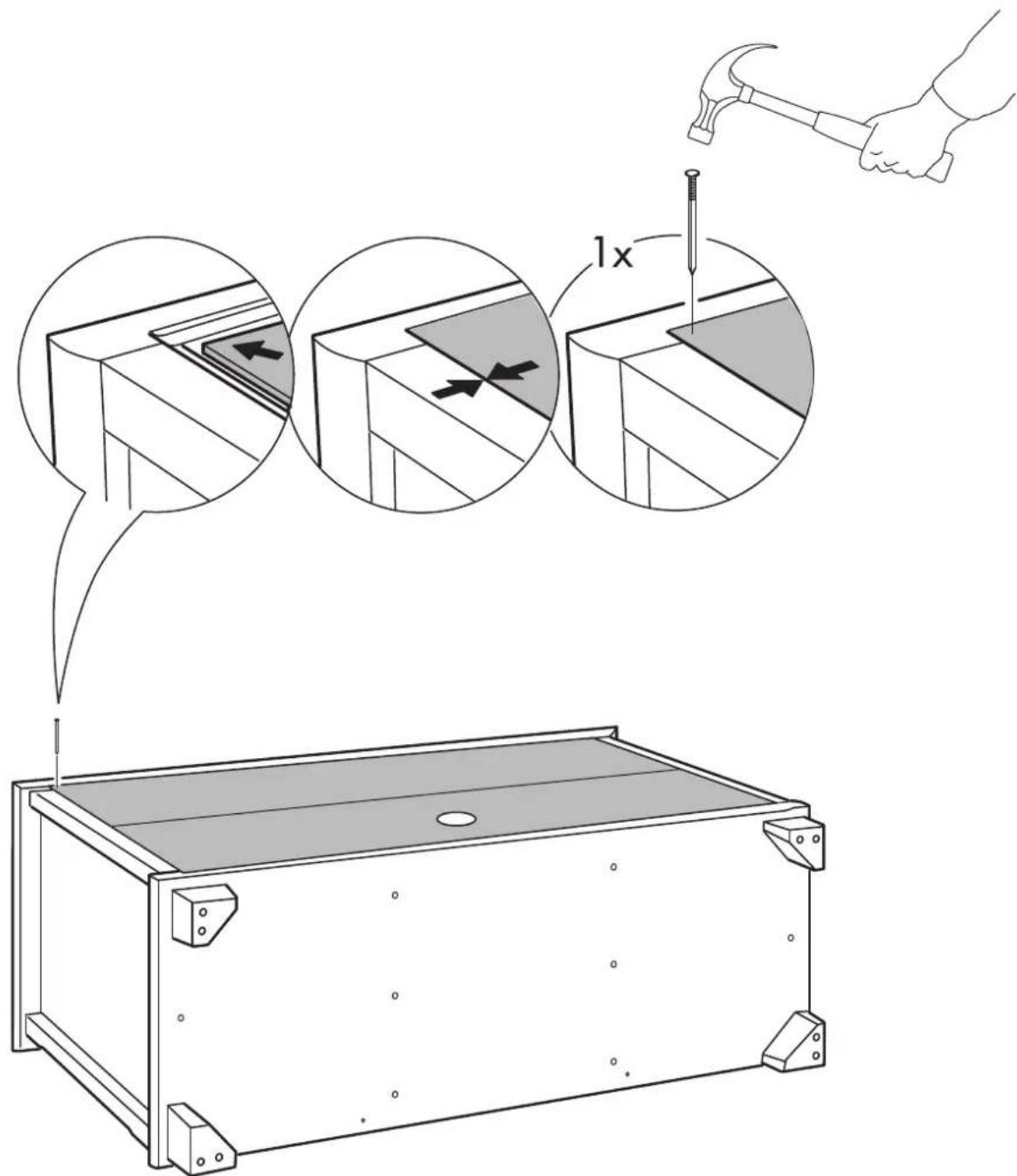 Diagram illustrating a hand hammering a wooden frame with a 1x magnified view showing internal components and tool application.