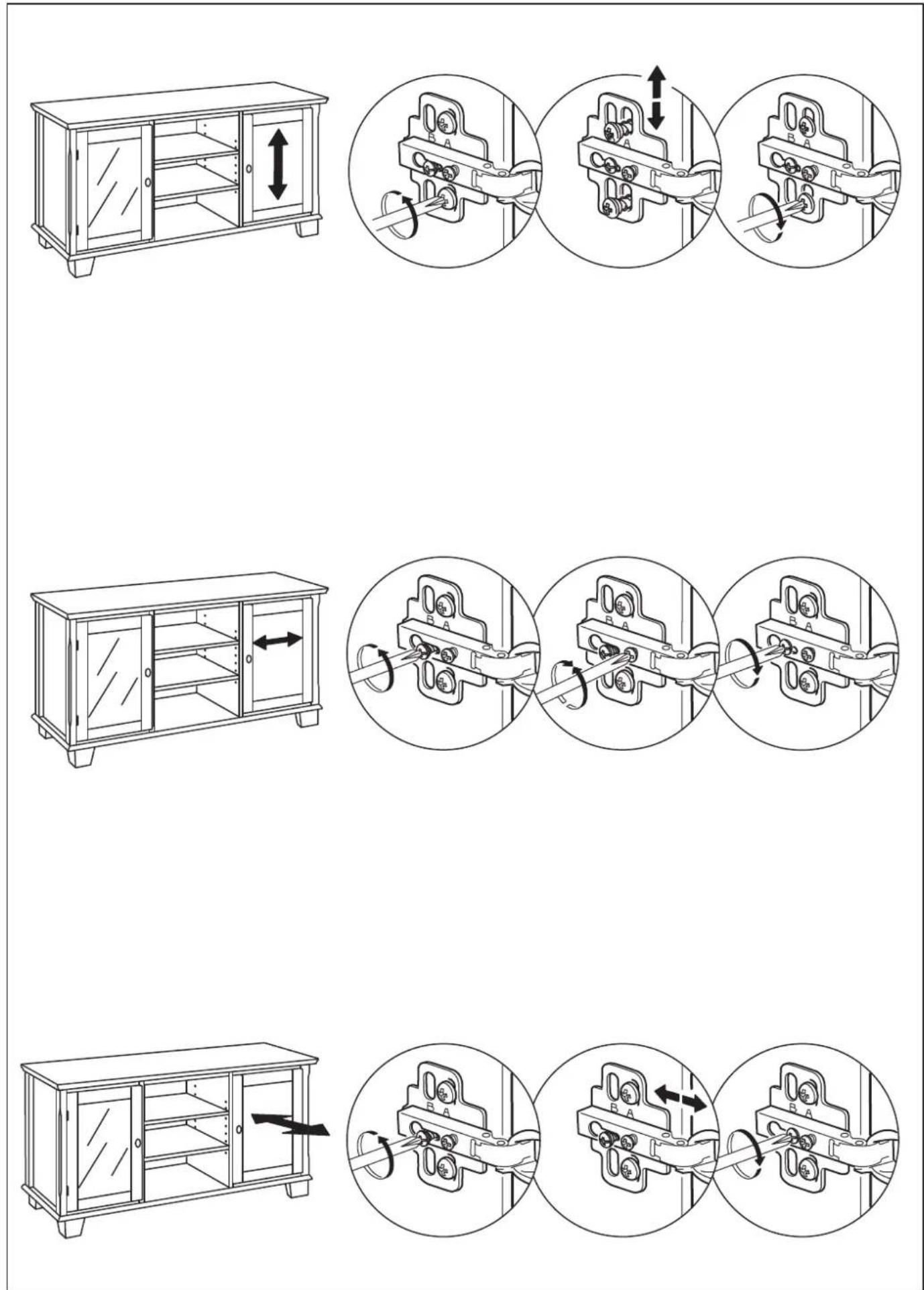 Technical diagram showing three-step installation of a cabinet with cable fastening, including front and side views with magnified insets.