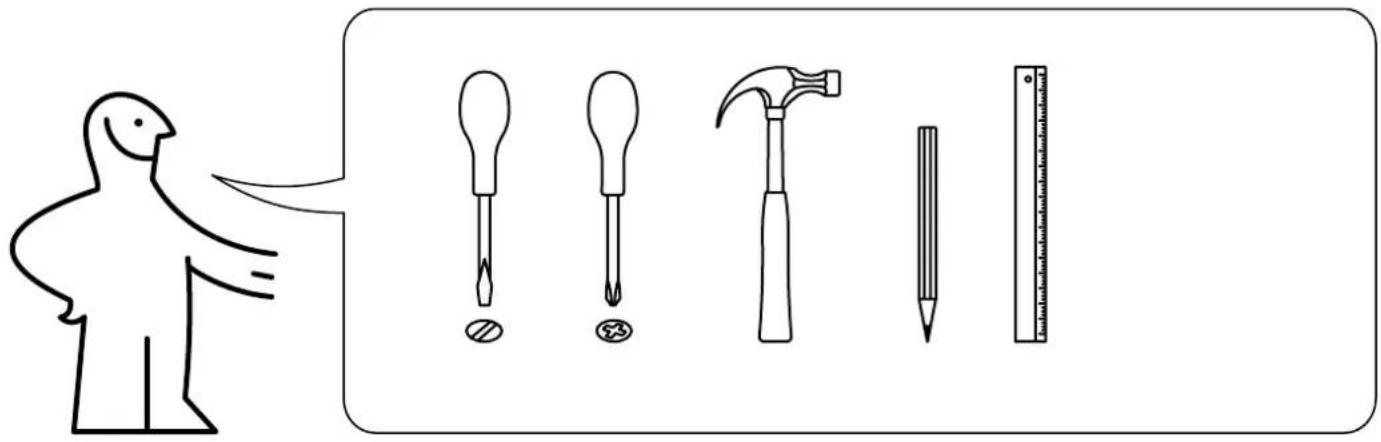 Illustration showing a person using five different tools: a tool with a toothbrush, a tool with a hammer, a tool with a pencil, and a ruler.