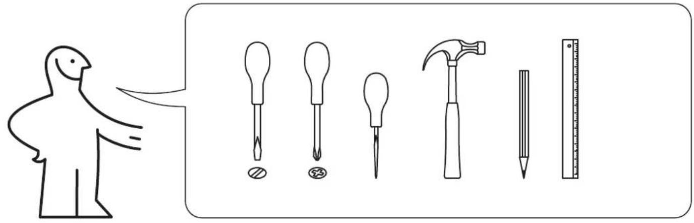 Illustration showing a bird figure with tools and corresponding screwdriver, hammer, pencil, and ruler for tool application.