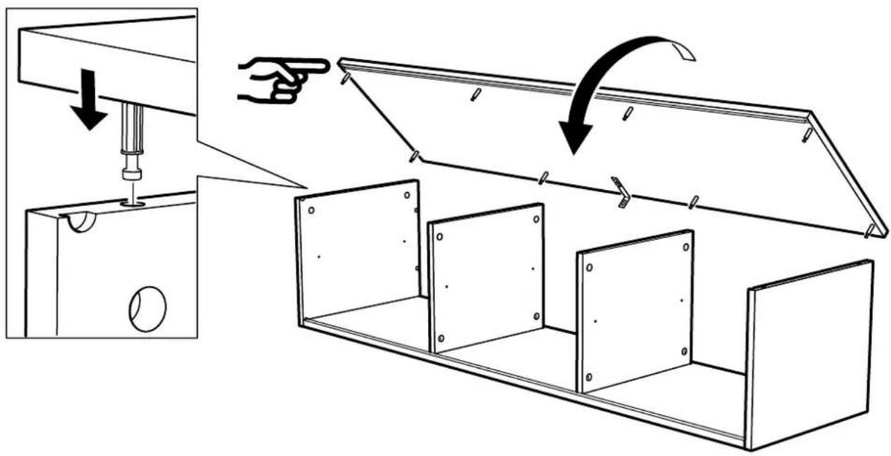 Technical diagram showing a door assembly with a hand operating the lid and a hand pulling the door, illustrating the process from mounting to opening.