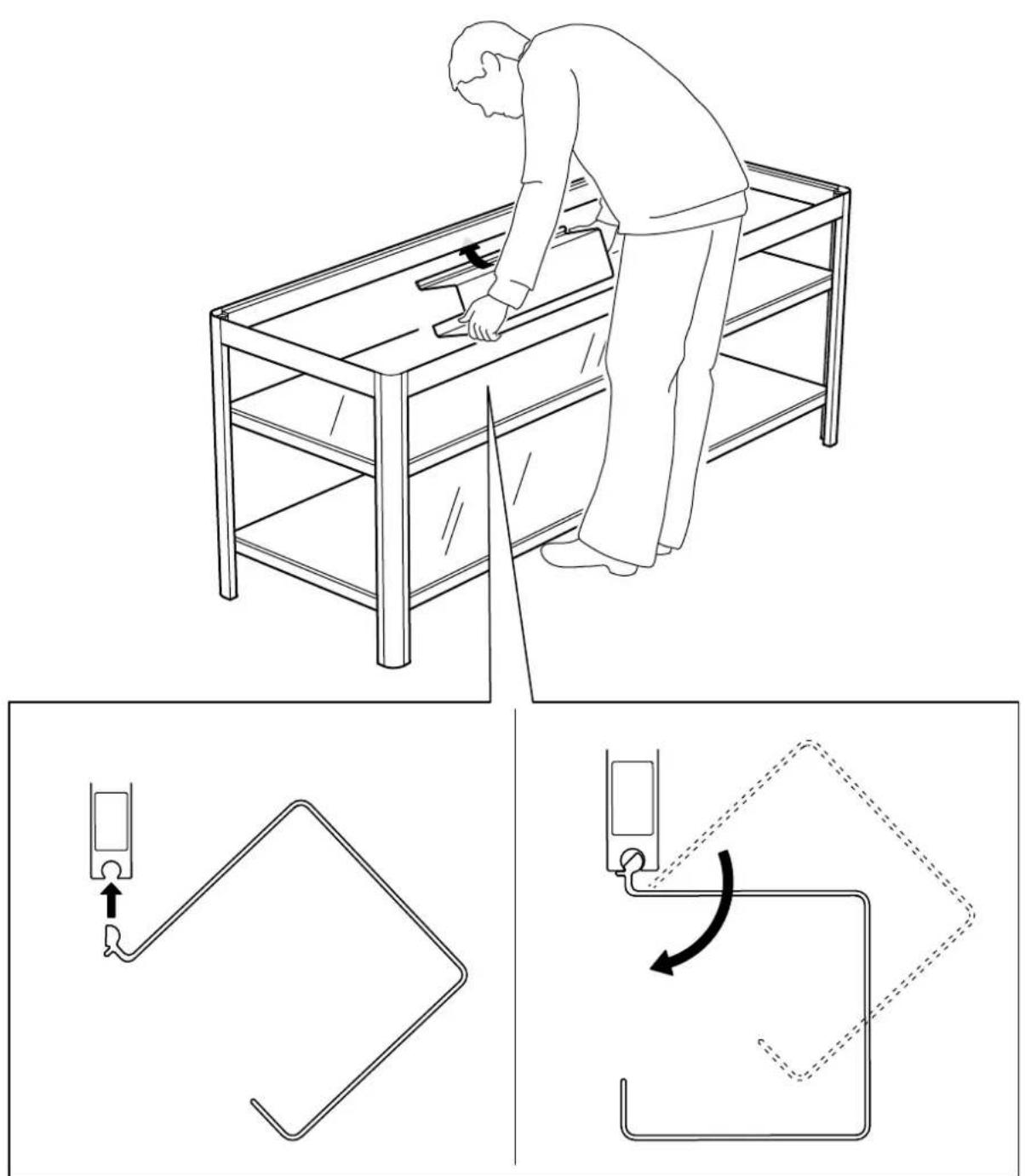 Technical diagram illustrating a person using a bench to adjust the table and turn a cable, with instructional arrows and component diagrams.