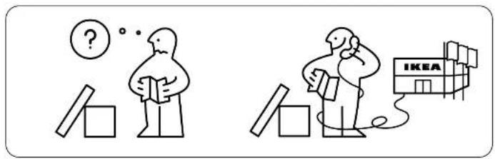 Illustration showing two scenes: one with a question mark and a person reading, the other with a person holding a book and a building labeled 'IKEA'.