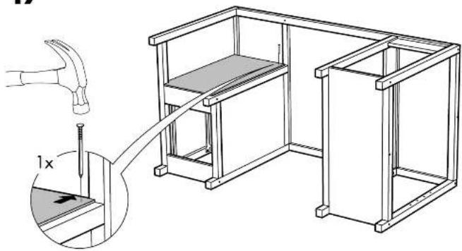 Technical diagram showing a hand using a hammer to install a wooden cabin frame, with an inset magnified view highlighting the 1x ratio.