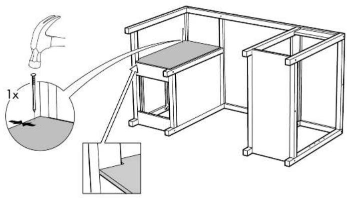 Technical diagram showing a 3D furniture setup with a hammer and a magnified view of the base panel, including a 1x ratio indicator.