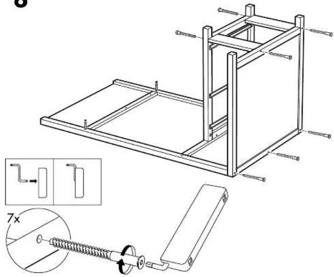 Technical diagram of a mechanical lifting device with labeled components and an inset showing a 7x bolt mechanism.