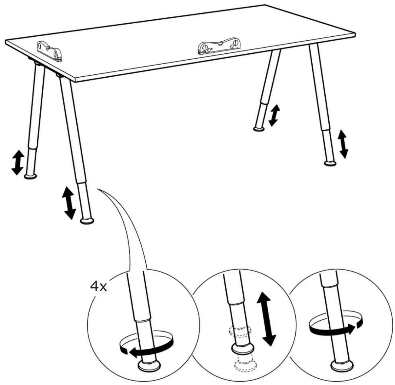 Diagram illustrating the folding of a table with four legs, showing rotational movement and 4x increase in the base.