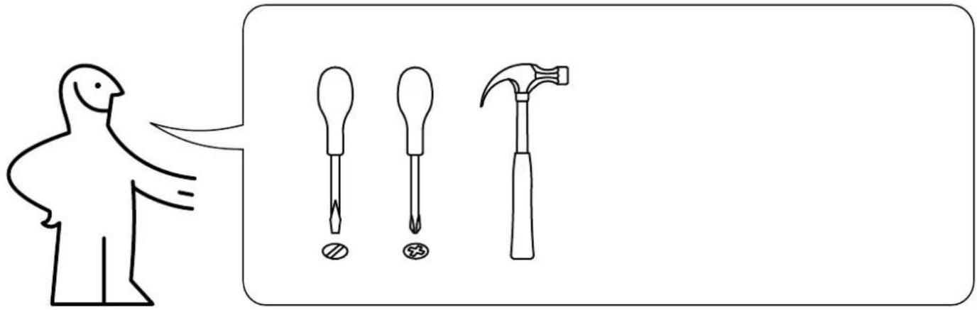 Illustration showing a bird pointing to three different types of screwdriver tools: a tool, a screwdriver with holes, and a hammer.