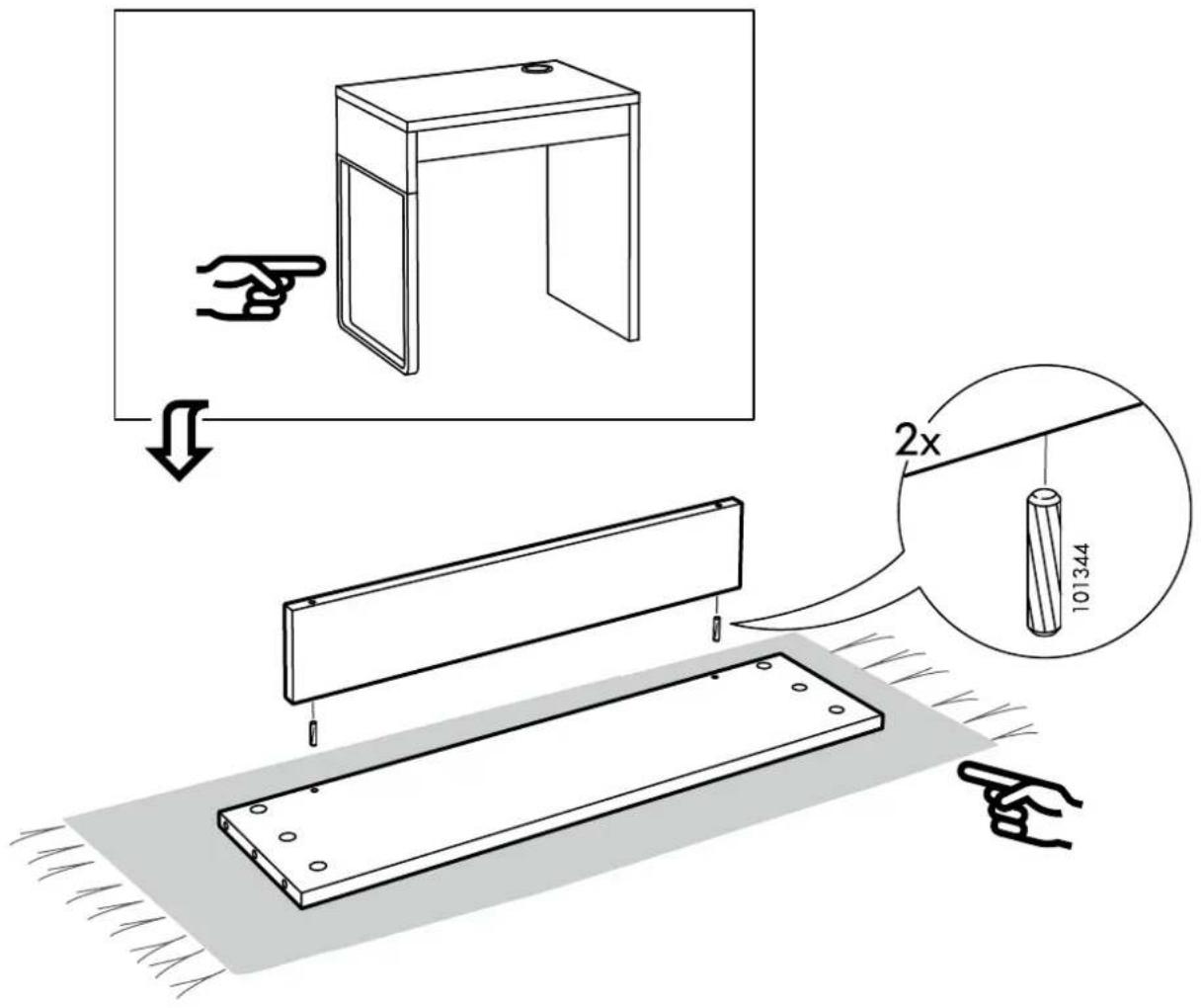 Technical diagram showing a folding table setup with hand positioning and a 2x magnified view of the component labeled '101344'.