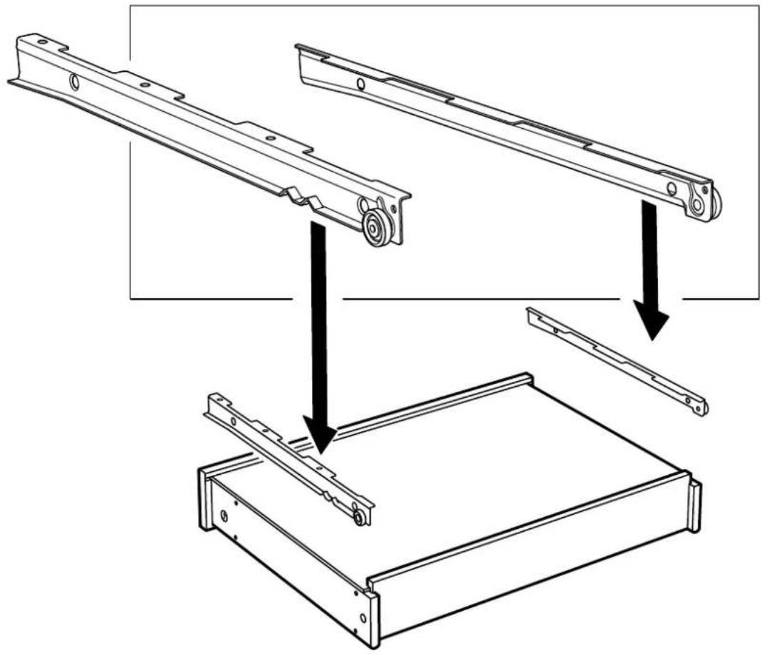 Technical diagram showing assembly steps of a mechanical component with labeled parts and directional arrows indicating motion.