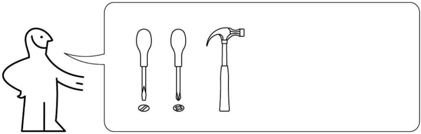 Illustration showing a person pointing to three different types of screwdrivers: a pin, a screwdriver, and a hammer.