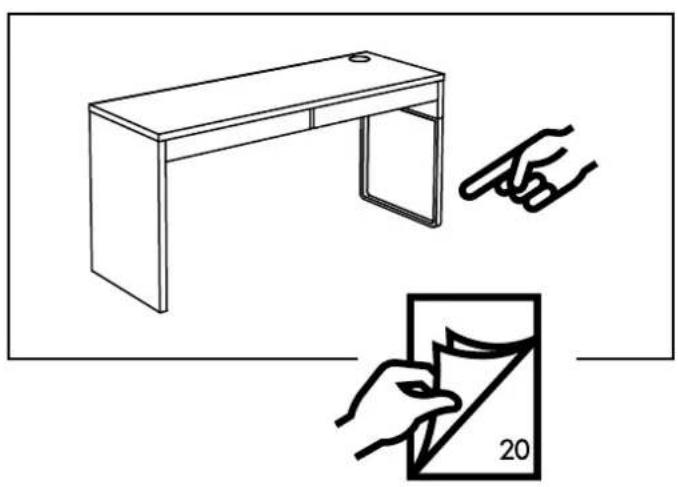 Diagram showing a desk with a handle and a folded paper labeled '20' indicating folding or margining.