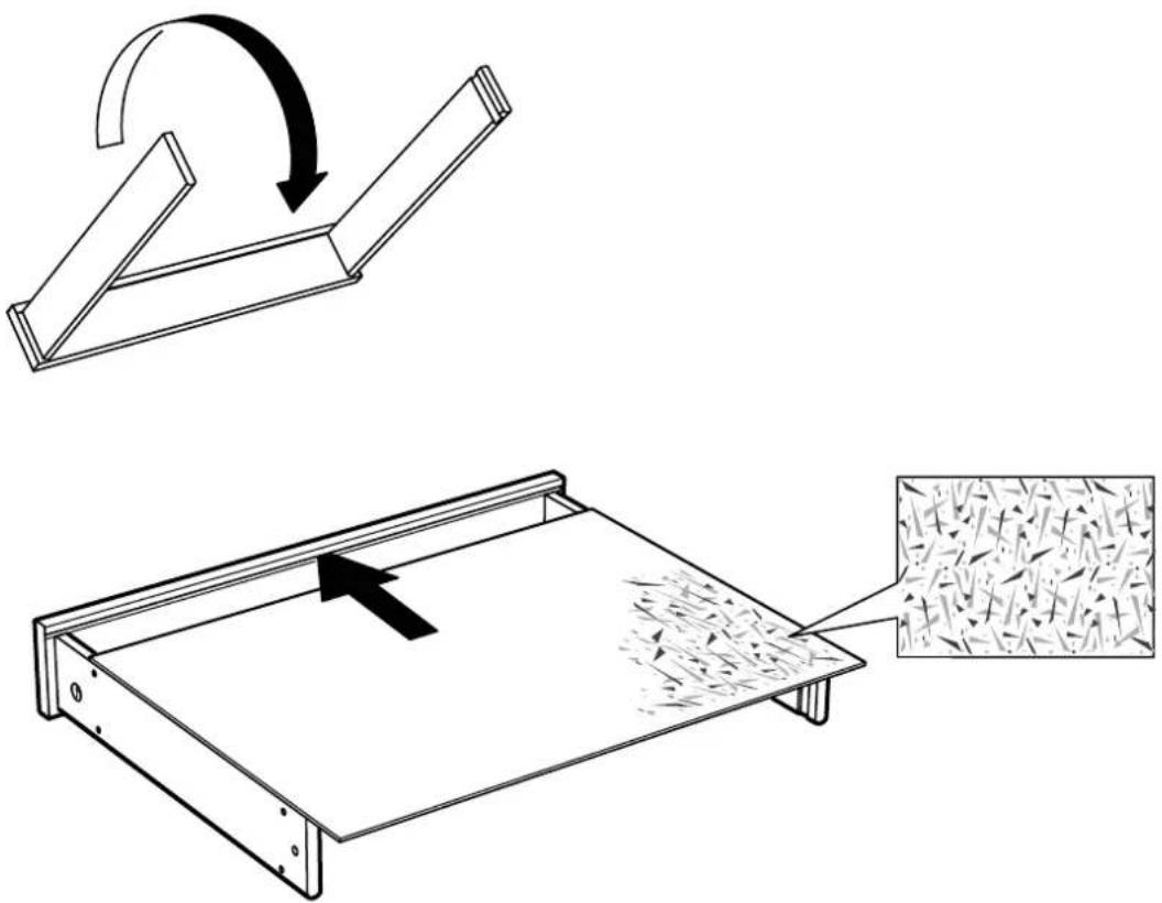 Technical diagram illustrating a mechanical assembly and its application in a material sample, with Chinese annotations.