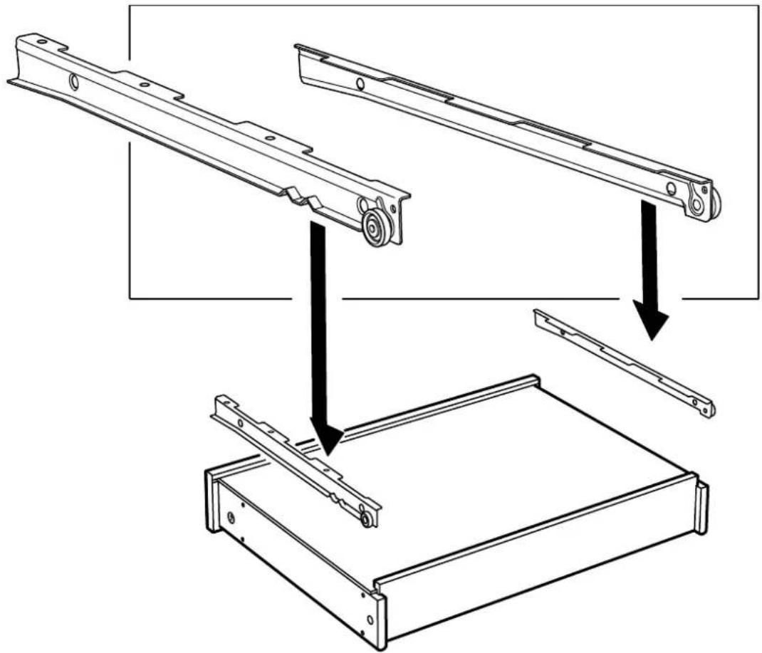 Technical diagram showing assembly steps of a mechanical component with labeled parts and directional arrows indicating motion.