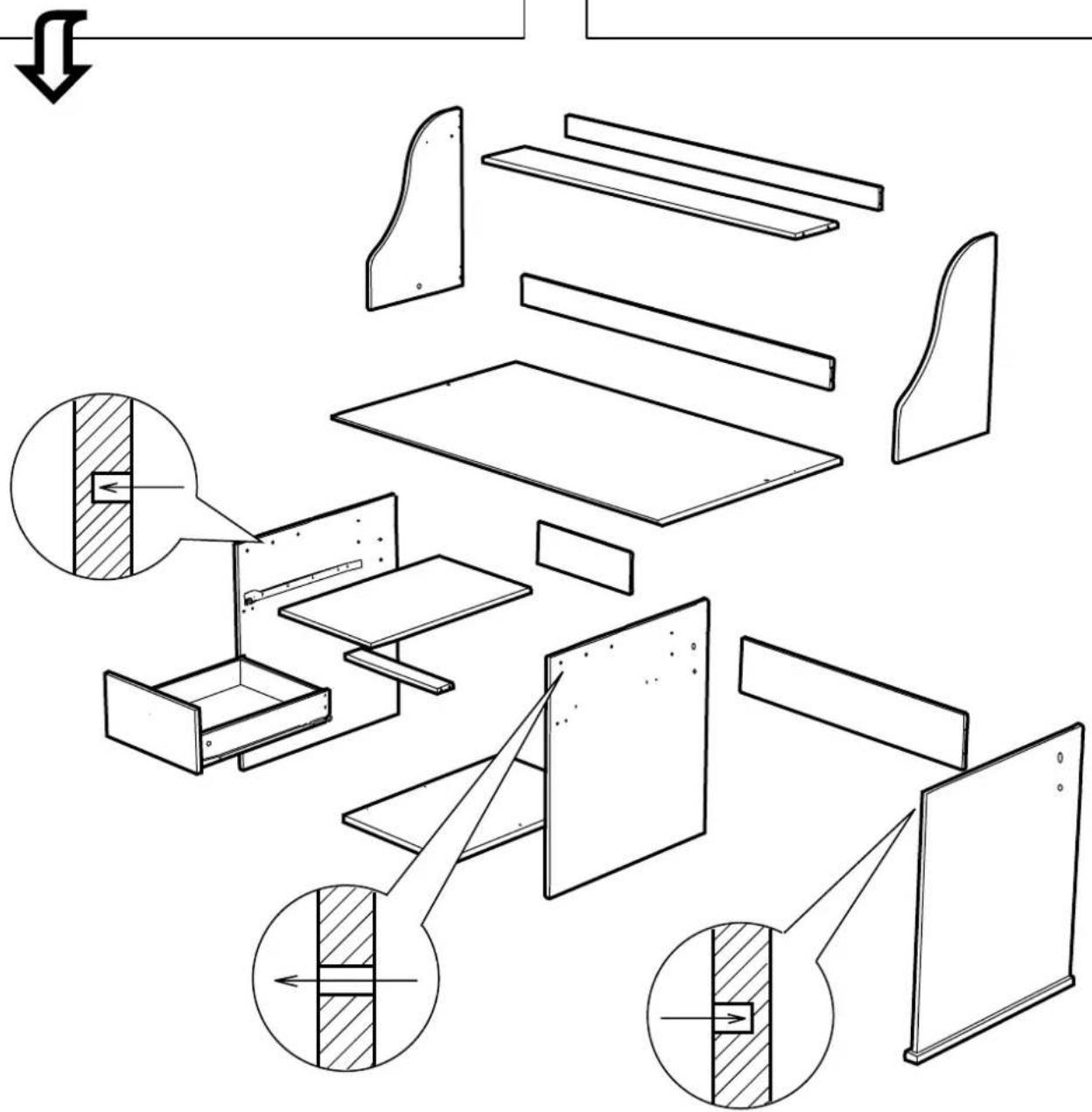 Technical diagram illustrating assembly or folding of a wooden cabinet with labeled components and cross-sectional views.