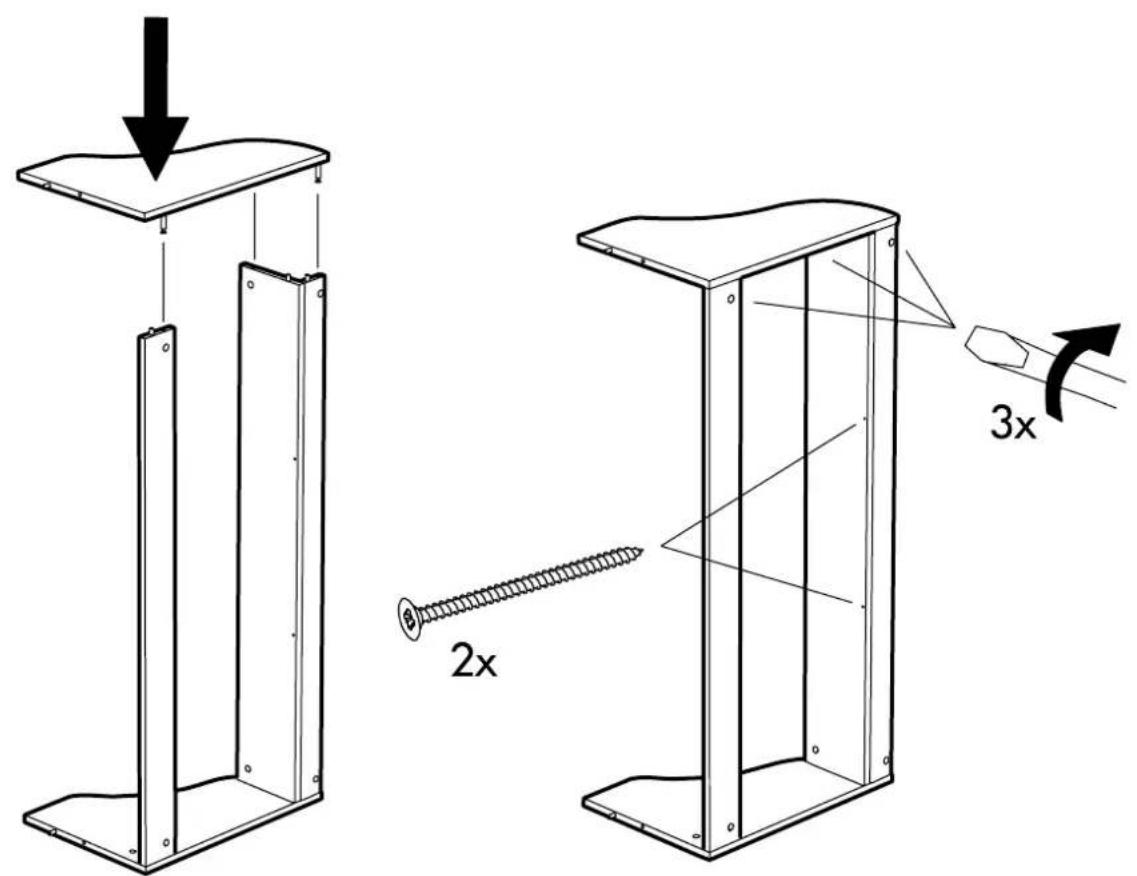 Technical diagram showing two views of a structural frame with screw and pin, annotated with dimensions 2x and 3x.
