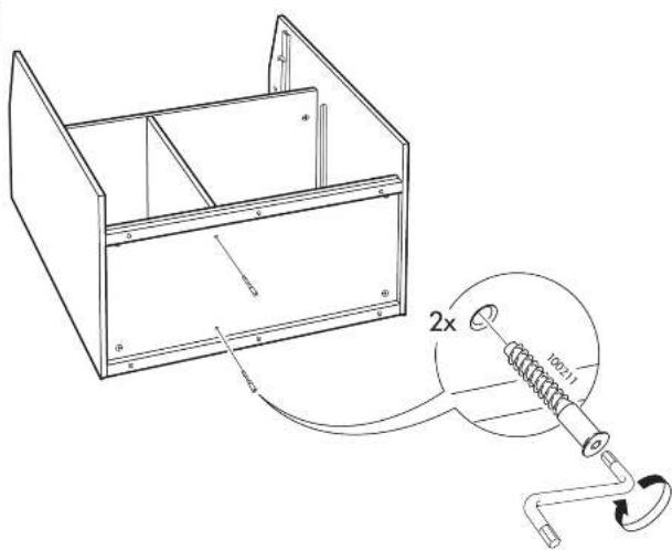 Technical diagram showing a 3D box with internal compartments and a mechanical component labeled '2x' with dimension '100.11'