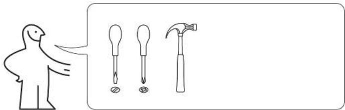 Illustration showing a bird pointing to three different tools: a tool with a hammer, a tool with a screwdriver, and a tool with a hammerhead.