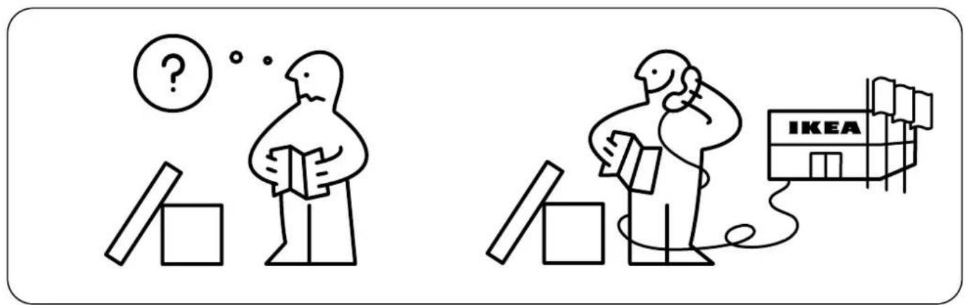 Cartoon illustration showing two people with boxes and a question mark, next to an IKEA building, suggesting a survey or problem about product or service.