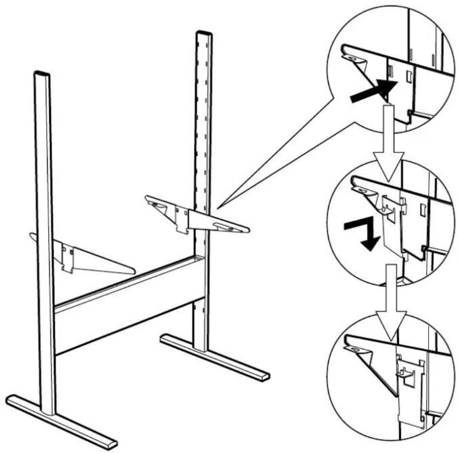 Technical diagram showing mechanical assembly with three views of a frame structure and directional arrows indicating motion or assembly steps.