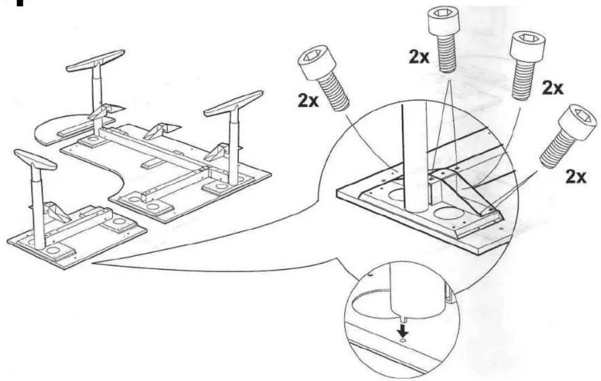 Technical diagram showing assembly of mechanical components with 2x bolt and pin alignment, including a close-up detail view.