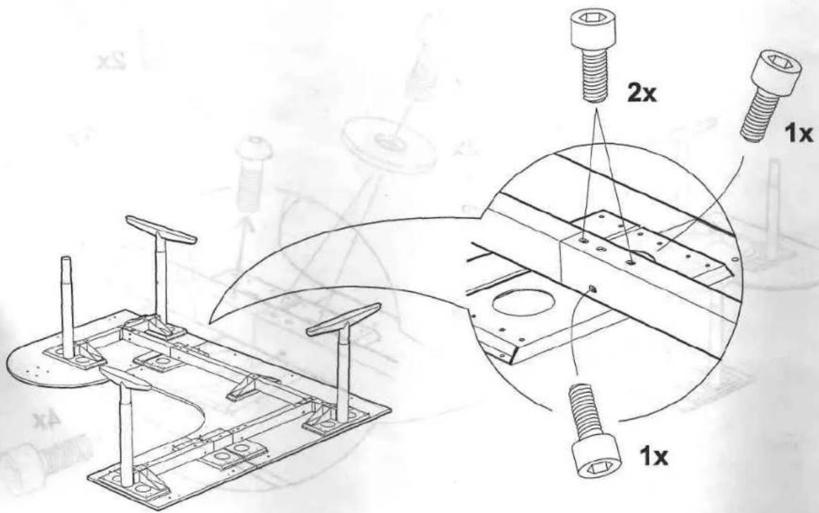 Technical diagram showing assembly of a mechanical component with labeled parts and dimensions (1x, 2x)