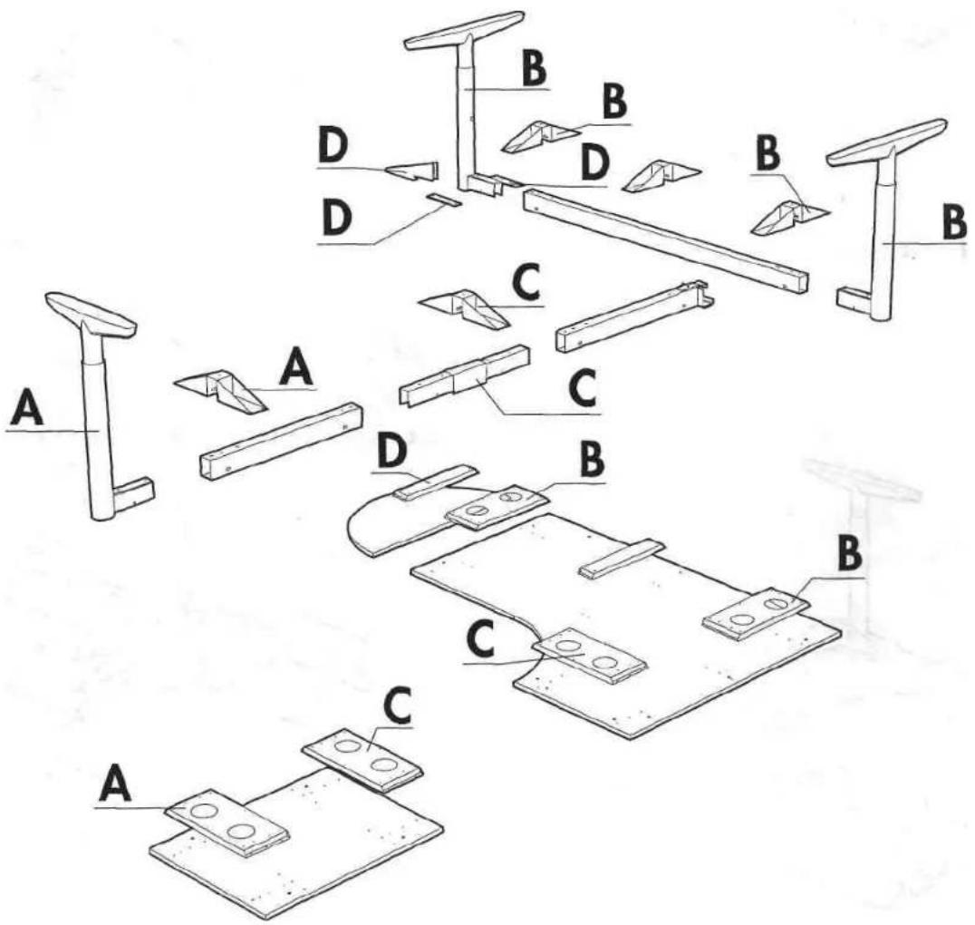 Technical diagram showing exploded view of mechanical components labeled A, B, C with various assembly parts and assembly details.