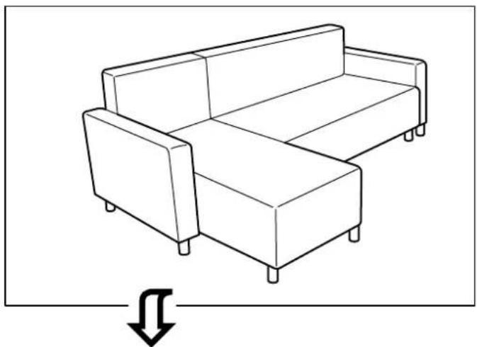Line drawing of a two-seater sofa with legs and front panels, shown with a downward arrow indicating compression or reduction (no text or symbols)