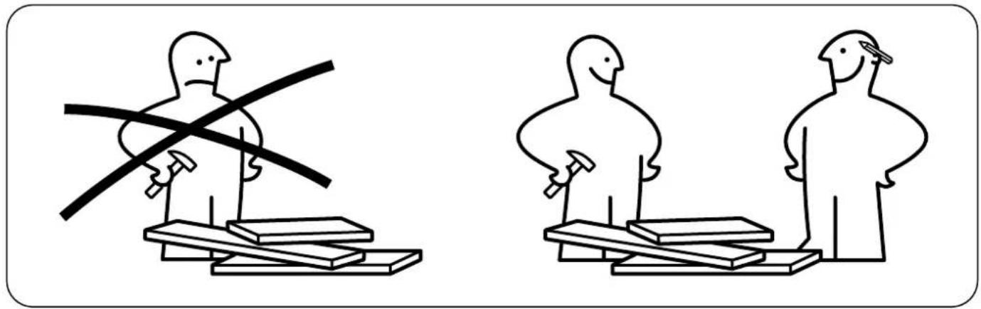 Two stick figures standing on wooden blocks, one crossed with a hammer and the other holding a hammer (no text or symbols present)