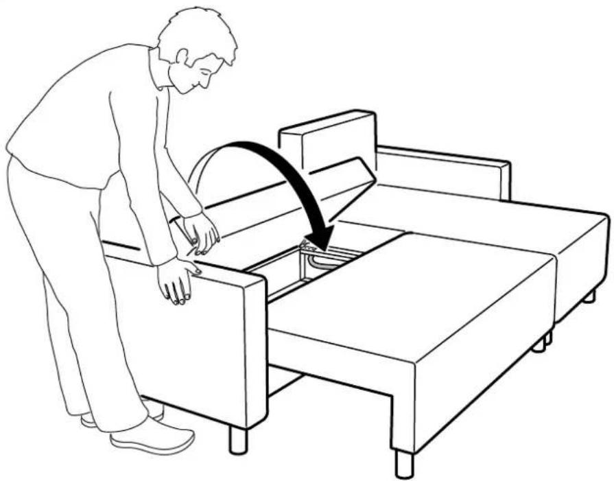 Line drawing of a person adjusting a small table with a curved arrow indicating motion (no text or symbols)