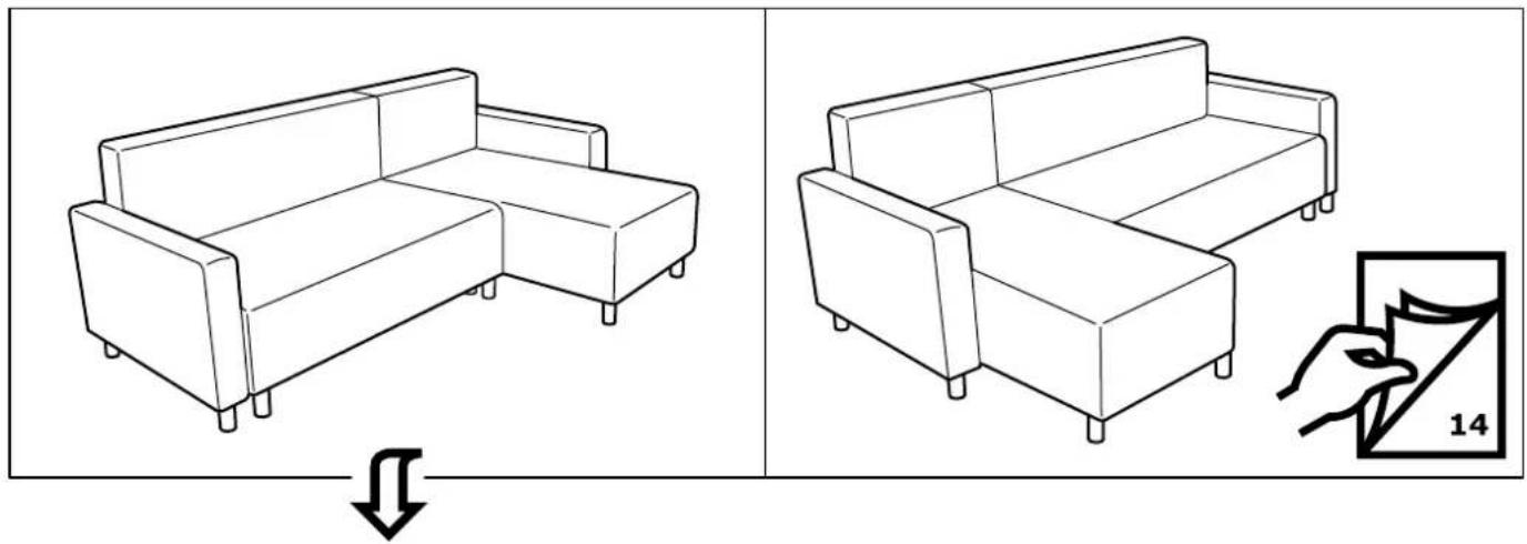 Diagram showing two furniture arrangements with a hand holding a 14-inch angle detail, illustrating folding or positioning.