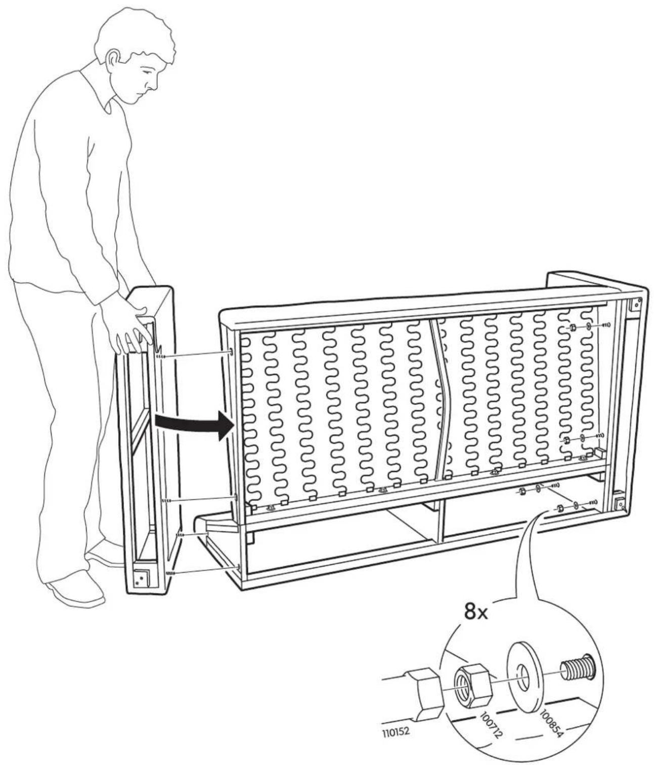Technical diagram showing a person assembling a refrigerated rack system with labeled components and a magnified inset of the component 8x.