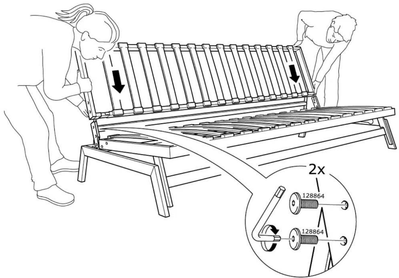 Technical diagram showing two workers assembling a large mechanical component with directional arrows and a magnified inset highlighting a 2x ratio of 128864.