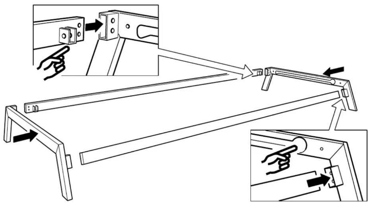 Technical diagram illustrating a mechanical assembly with labeled components and directional arrows indicating assembly steps.