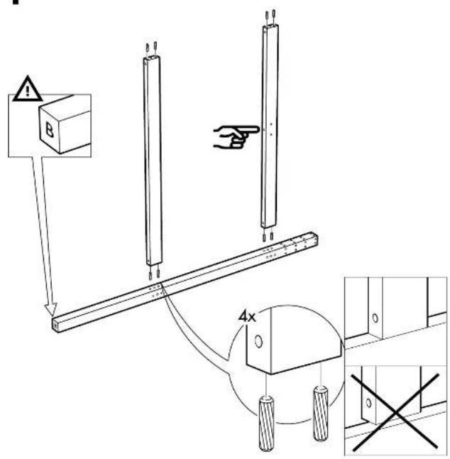 Technical diagram showing a mechanical assembly with labeled components and a 4x dimension annotation, including warning symbols and crosshair indicators.