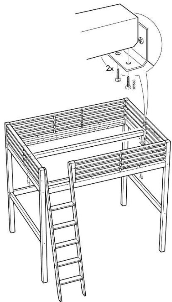 Technical diagram of a wooden bunk bed assembly with labeled components and dimensions