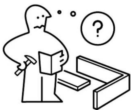 Simple line drawing of a person reading at a desk with a hammer and question mark above their head (no text or symbols)