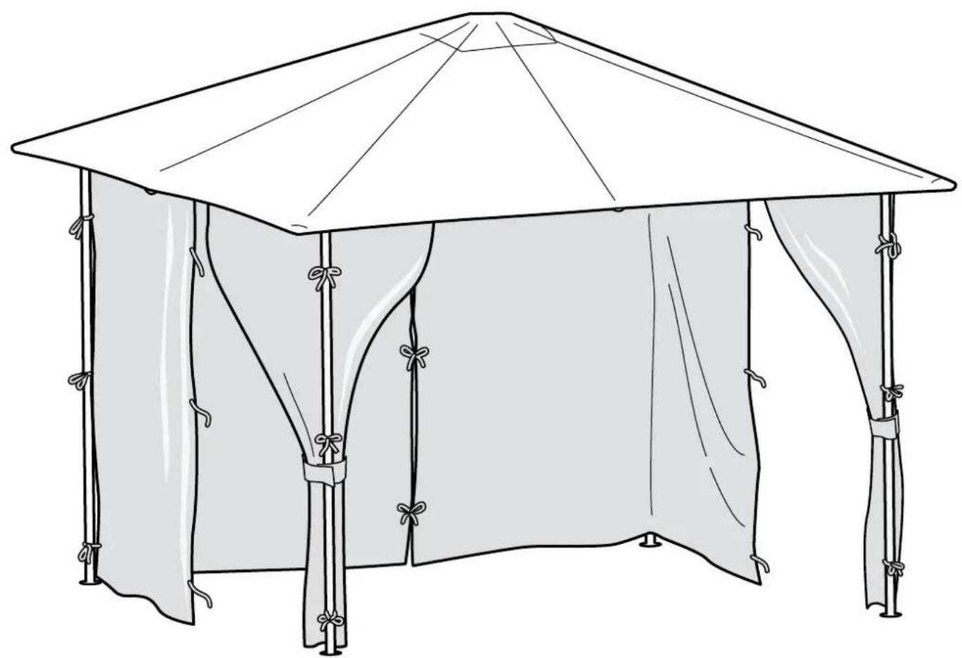Line drawing of a simple tent structure with arched windows and a conical roof (no text or symbols)