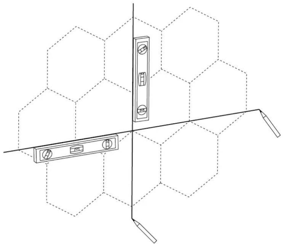 Technical line drawing of a hexagonal grid structure with a central vertical scale and two measurement tools (no text or symbols)