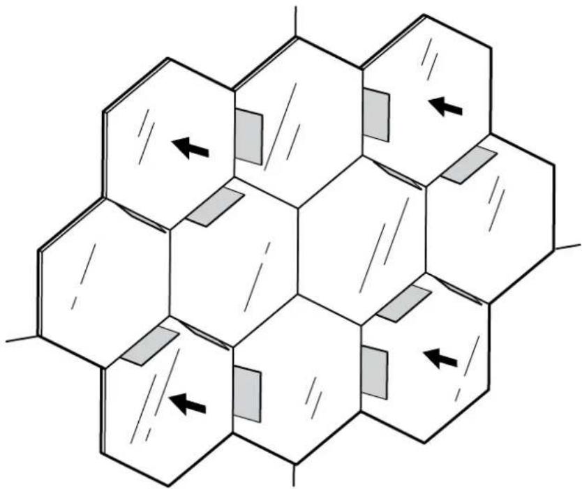 Hexagonal grid pattern with directional arrows indicating movement or flow (no text or symbols)