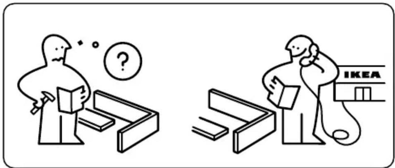 Illustration showing two people examining product boxes, one thinking with a question mark and the other holding a tablet, with an IKEA store in the background.