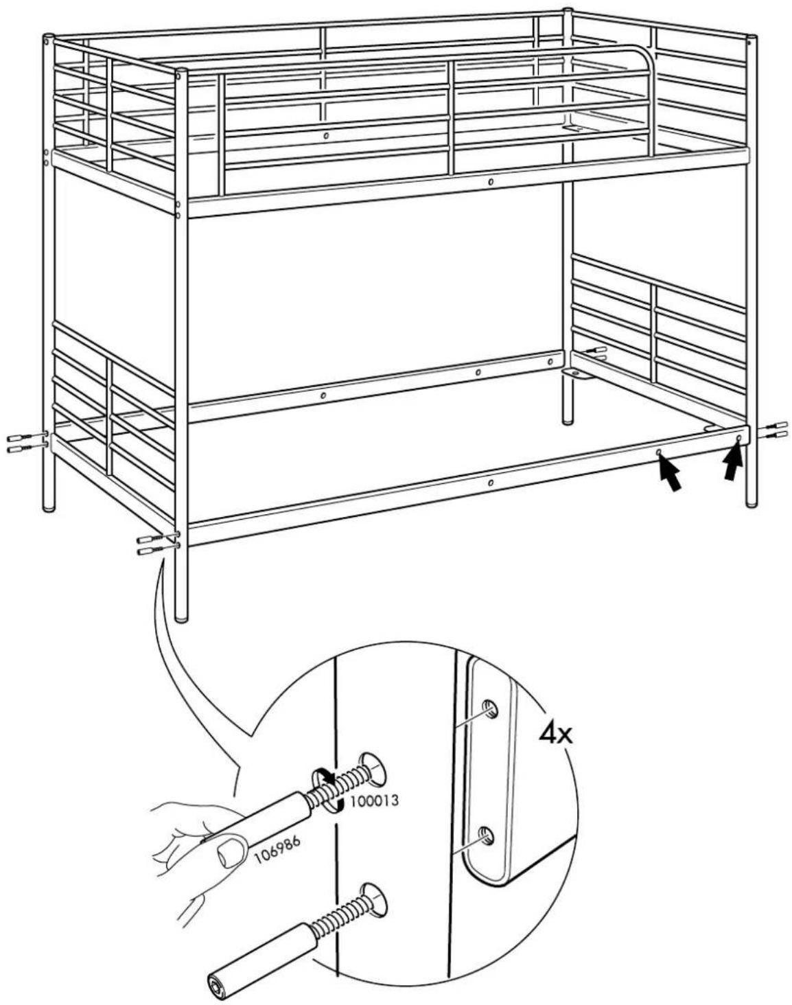 Technical diagram of a metal bunk bed assembly with labeled components and a magnified view showing bolt specifications.