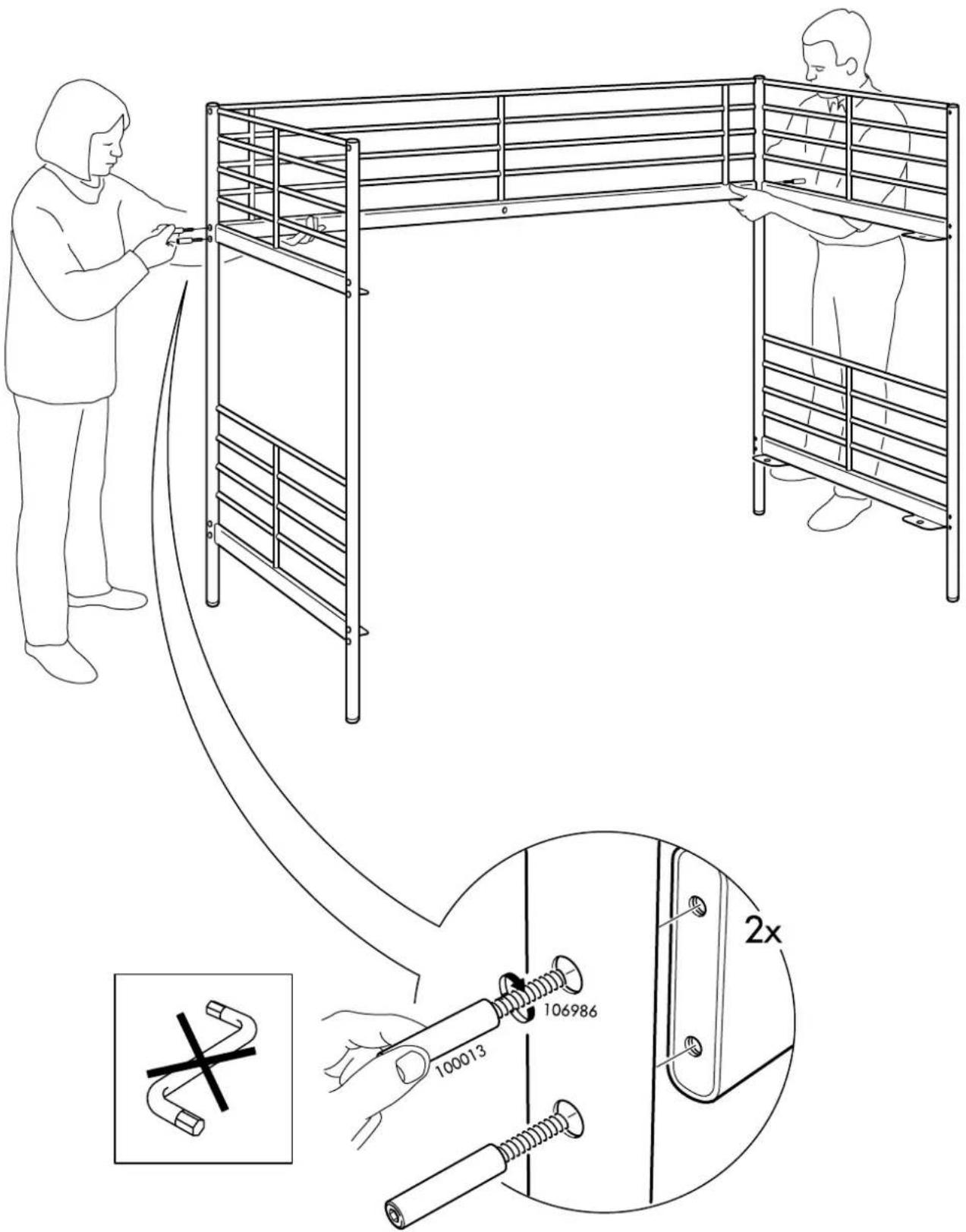Technical diagram illustrating a bench assembly process with labeled parts and a magnified detail showing pin details.