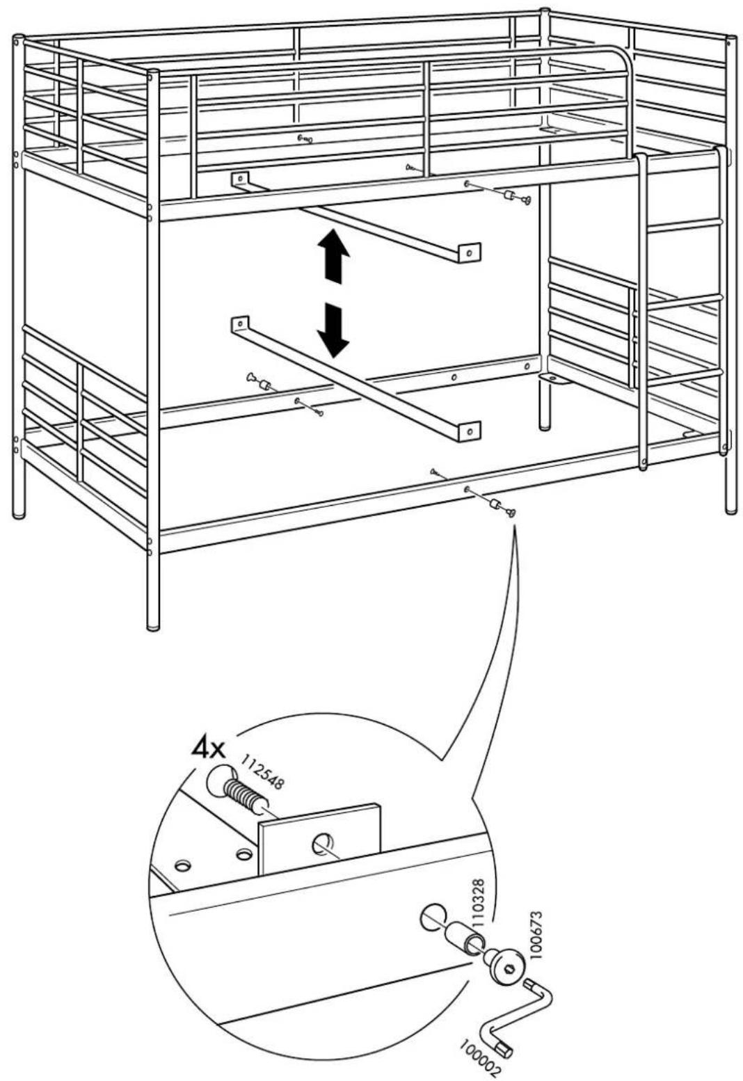 Technical diagram of a bunk bed assembly with labeled components and a magnified inset showing 4x strain testing details.