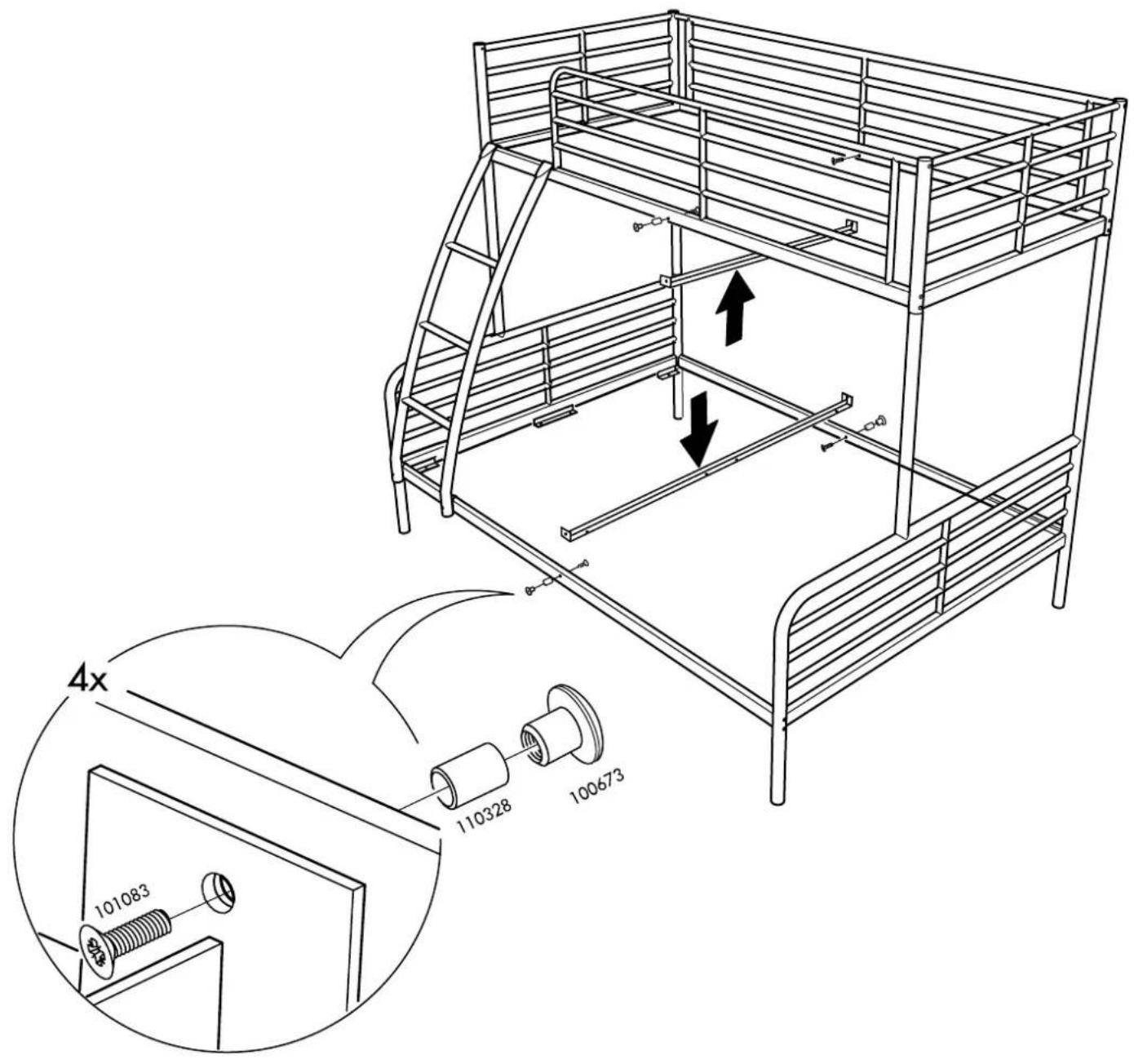 Technical diagram of a bunk bed assembly with labeled components and 4x magnification view