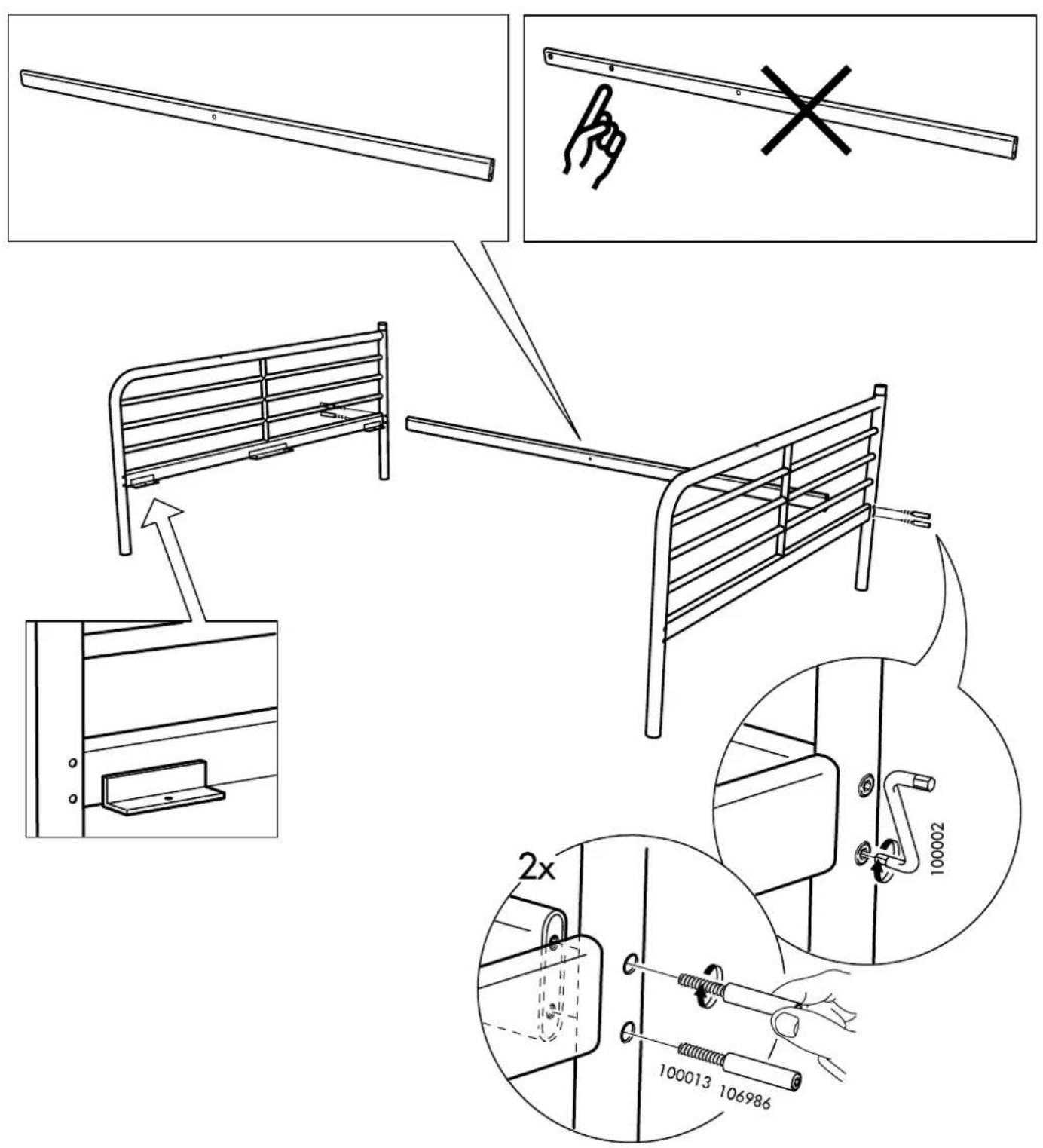 Technical diagram illustrating a metal frame assembly with labeled parts and a 2x ratio indicator for measurement.